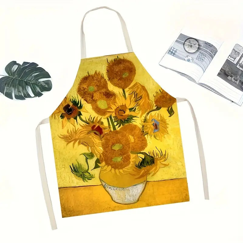 1pc Sunflower Pattern Linen Apron, 100% Linen Woven Fabric