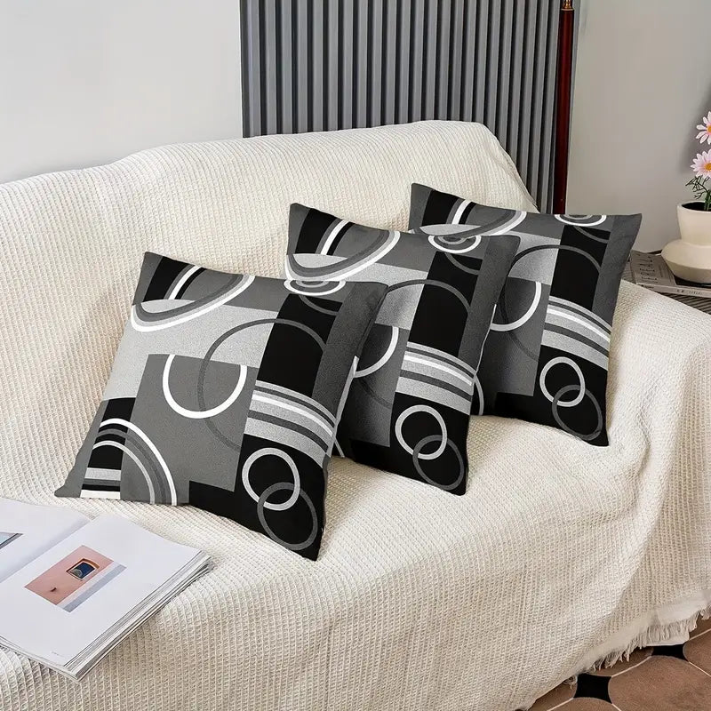 Lot de 2 housses de coussin géométriques en lin – Housses de coussin décoratives abstraites grises, noires et blanches