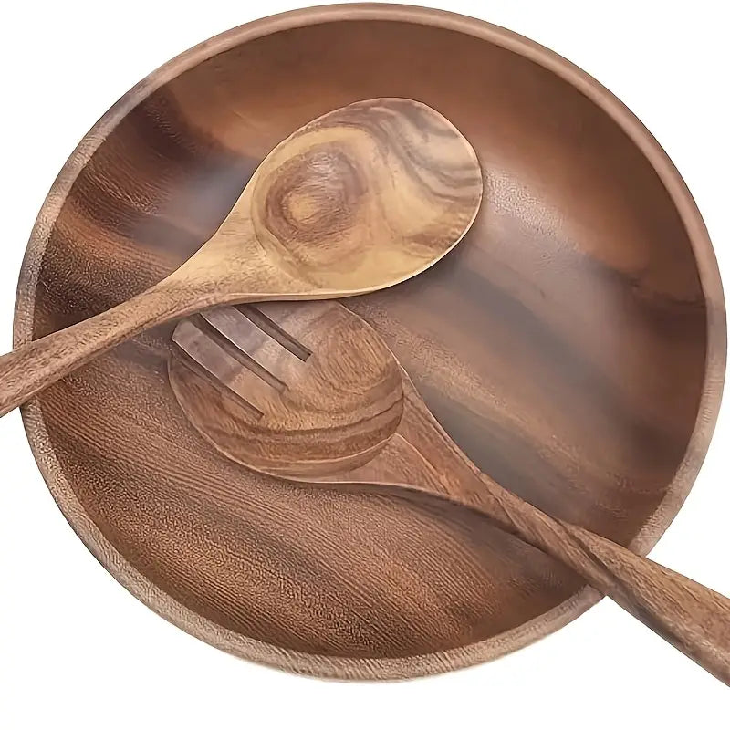 3PC Handcrafted Wooden Salad Set – Bowl, Spoon & Fork – Dining Decor