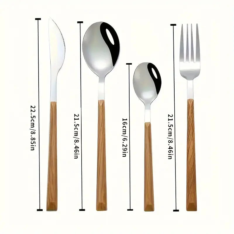 12pcs tableware with wood handles - including 3 forks, 3 spoons, 3 knives, and 3 dessert spoons