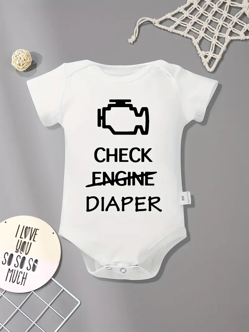 Baby Boy’s Check Engine Onesie - Casual Crew Neck Bodysuit with Engine Doodle Print for Infants