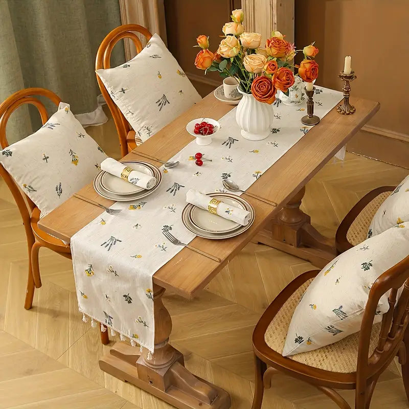 Beige Floral Table Runner – Polyester with Tassels for Dining & Kitchen Decor