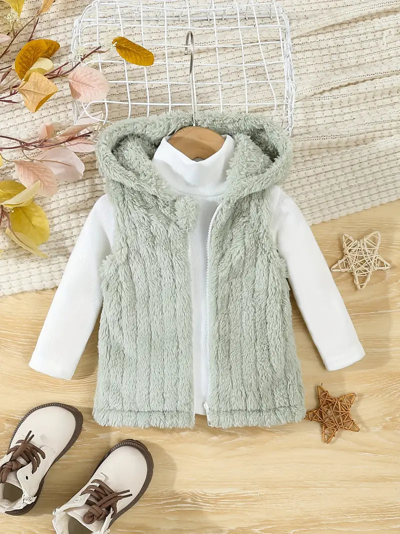 Ensemble 2 pièces douillet pour fille | Gilet à capuche en polaire douce et haut à manches longues et col montant
