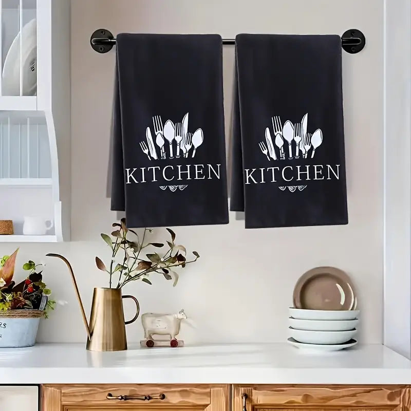 2pcs Soft & Absorbent Microfiber Kitchen Towels - Spoon & Fork Design