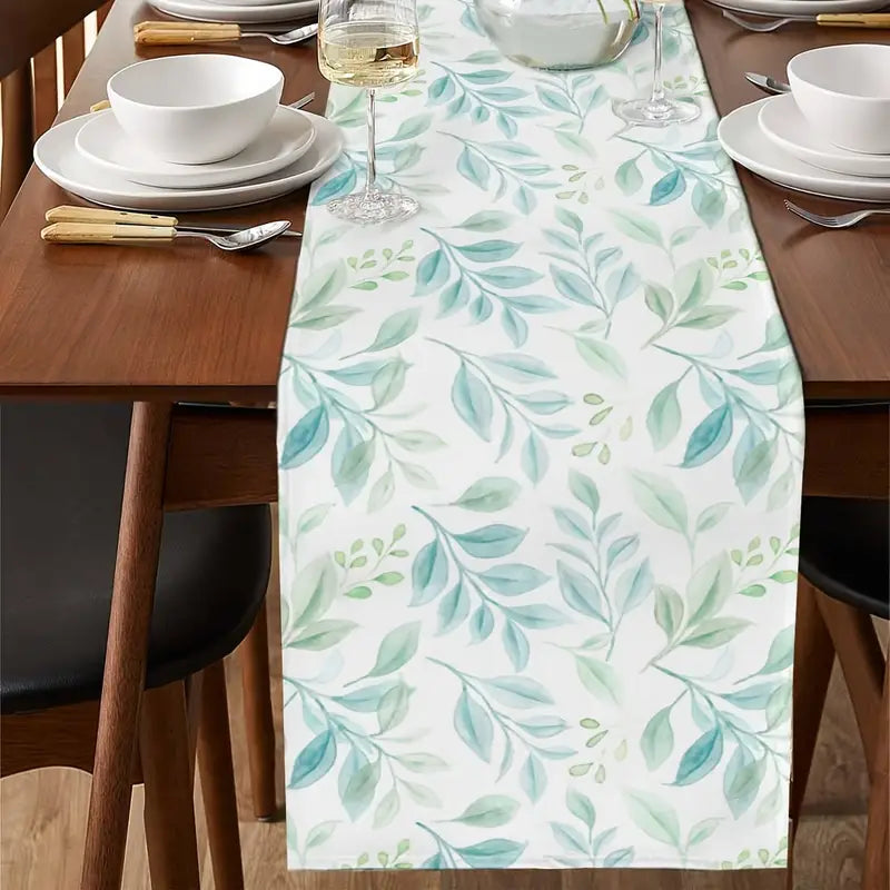 Teal Leaf Table Runner – Watercolor Linen Decor for Coffee Table or Kitchen