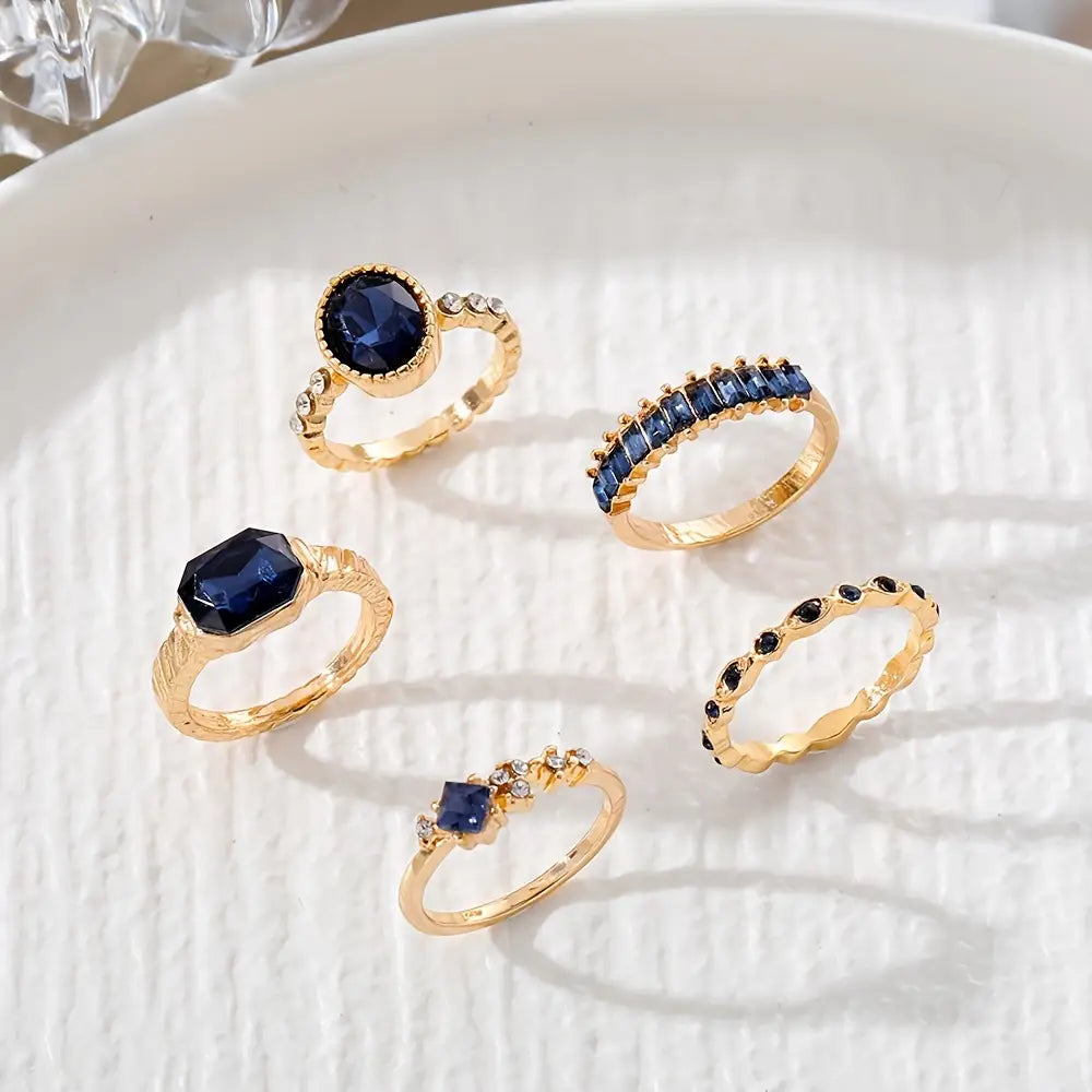 5pcs Elegant Women's Ring Set with Blue & Purple Gemstones - Golden-Toned Alloy, Rhinestone Accents