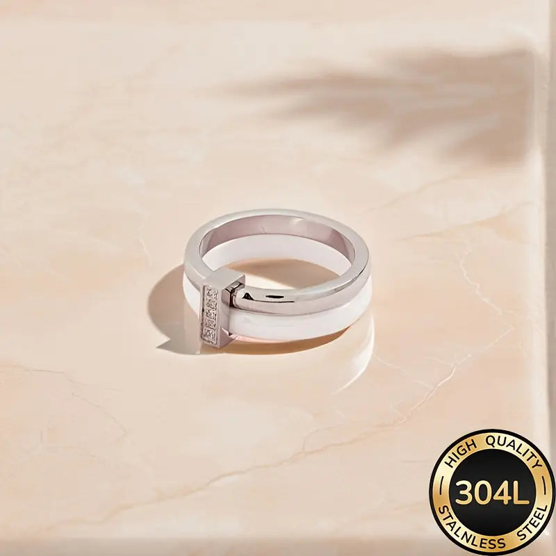 White Ceramic Ring Gold Plated CZ Wedding Band