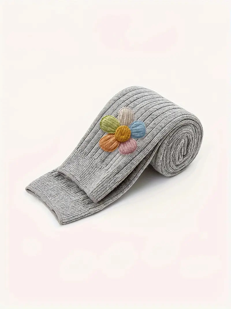 Infant Toddler’s Colorful Flower Embroidered Leggings - Soft Ribbed Cotton Pants for Baby Girls