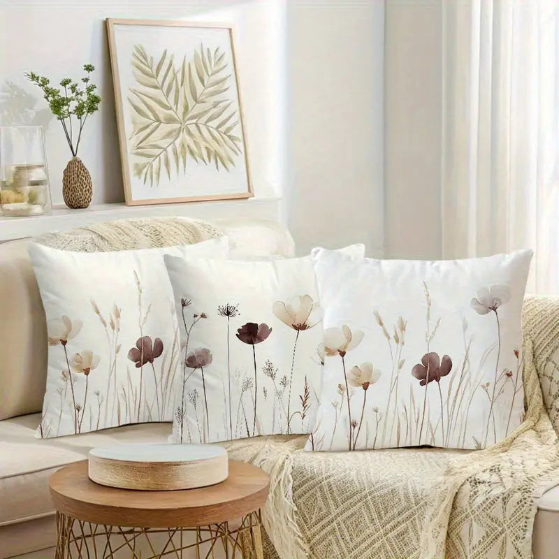 4pcs Floral Pillow Covers 18x18 Beige Brown - Decorative Cushion Cases