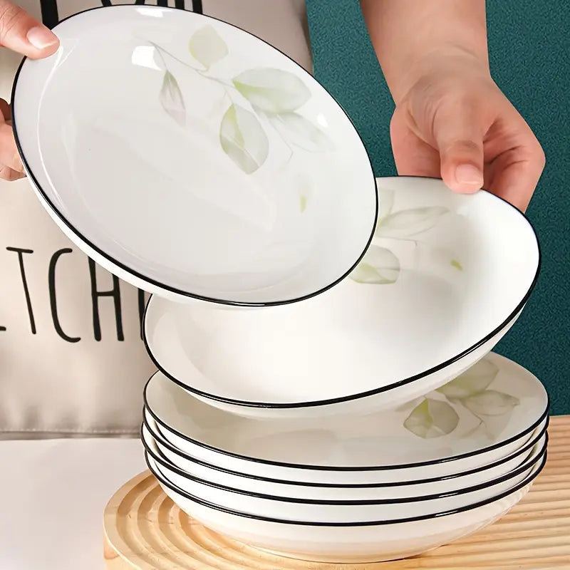 Elegant Floral Ceramic Plate – Round White Dish with Black Rim for Salad