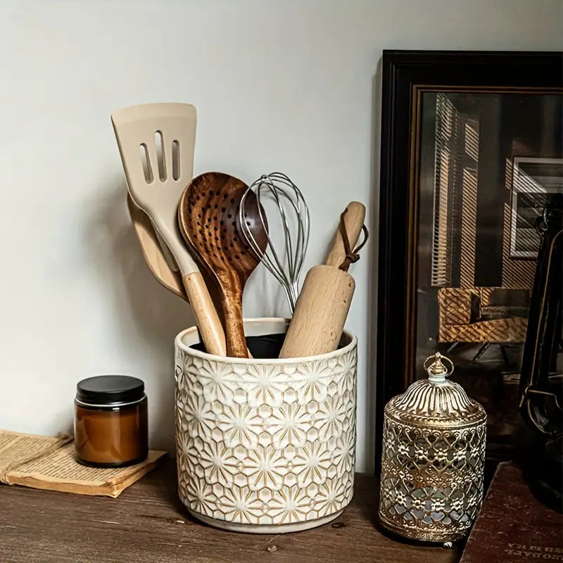 Rustic Ceramic Utensil Holder - Embossed Spoon Tool Storage Vase