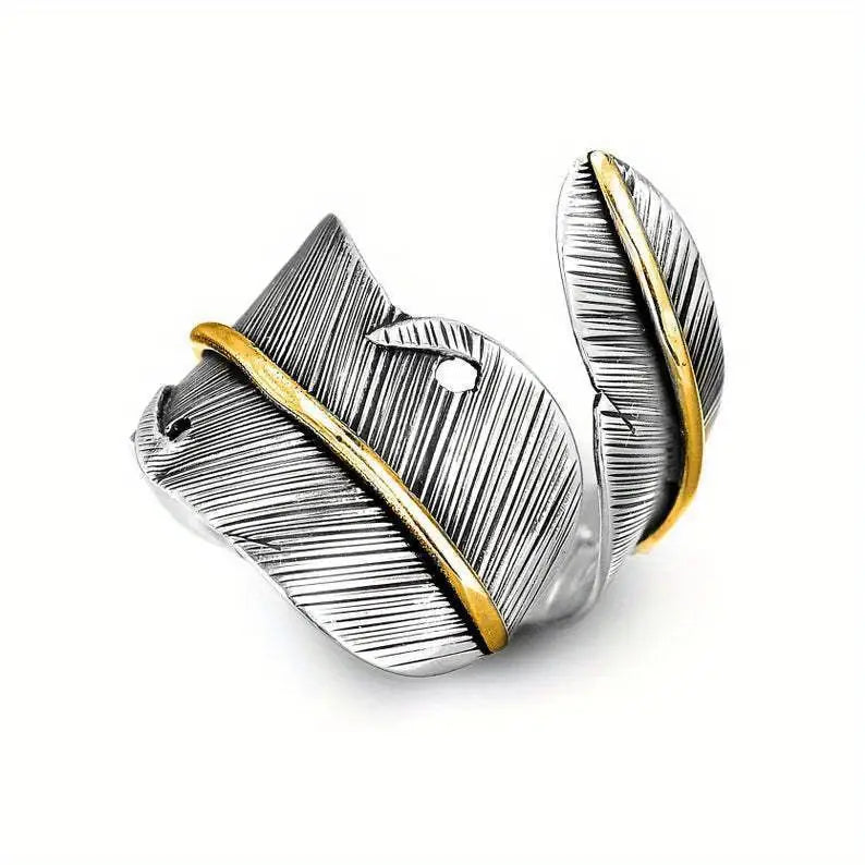 Bague fantaisie argentée vintage en forme de plume
