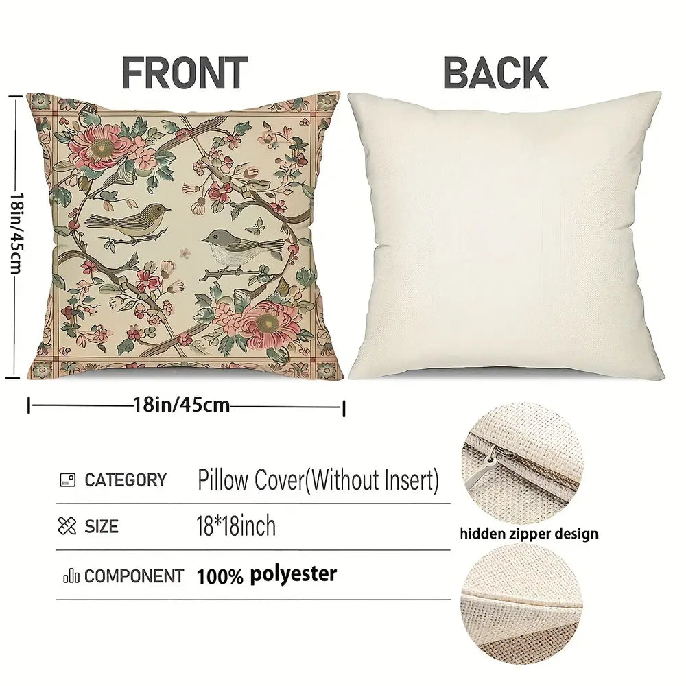 Lot de 2 housses de coussin décoratives à motifs de fleurs et d'oiseaux, 45,72 x 45,72 cm