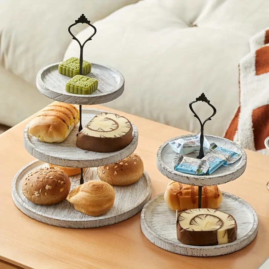 1pc Rustic 2/3-Tier Wooden Cake Stand - Cupcake Display Tray with Decorative Iron Accents