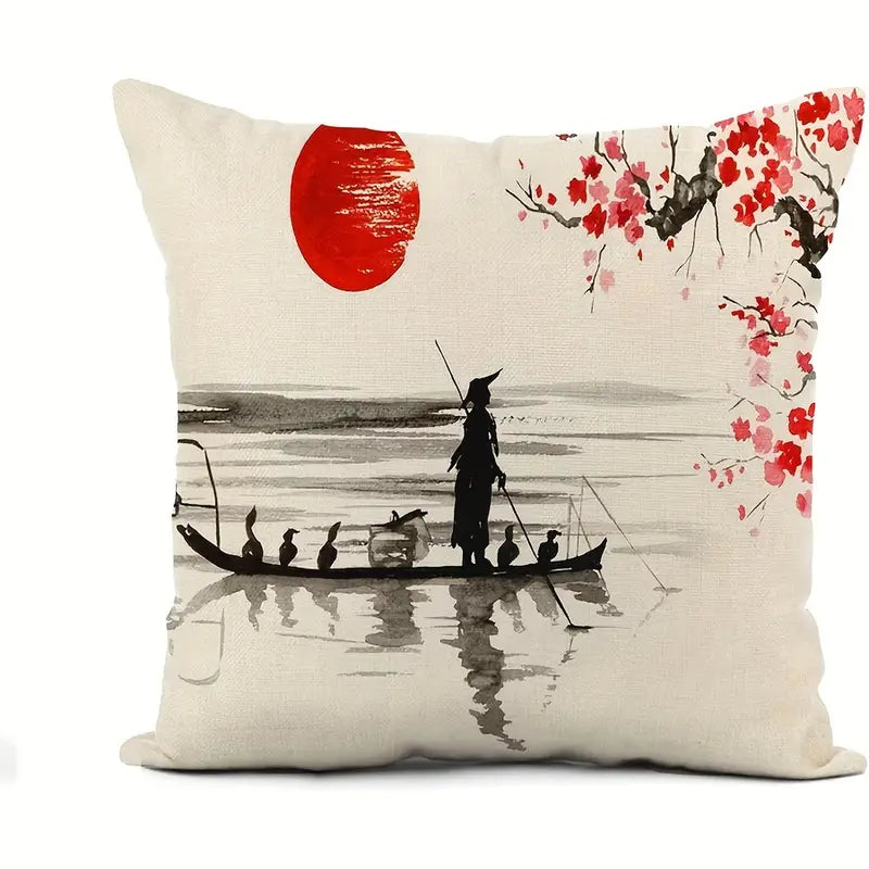 Watercolor Japanese Boat Scene Linen Throw Pillow Cover – Machine Washable Zippered Case