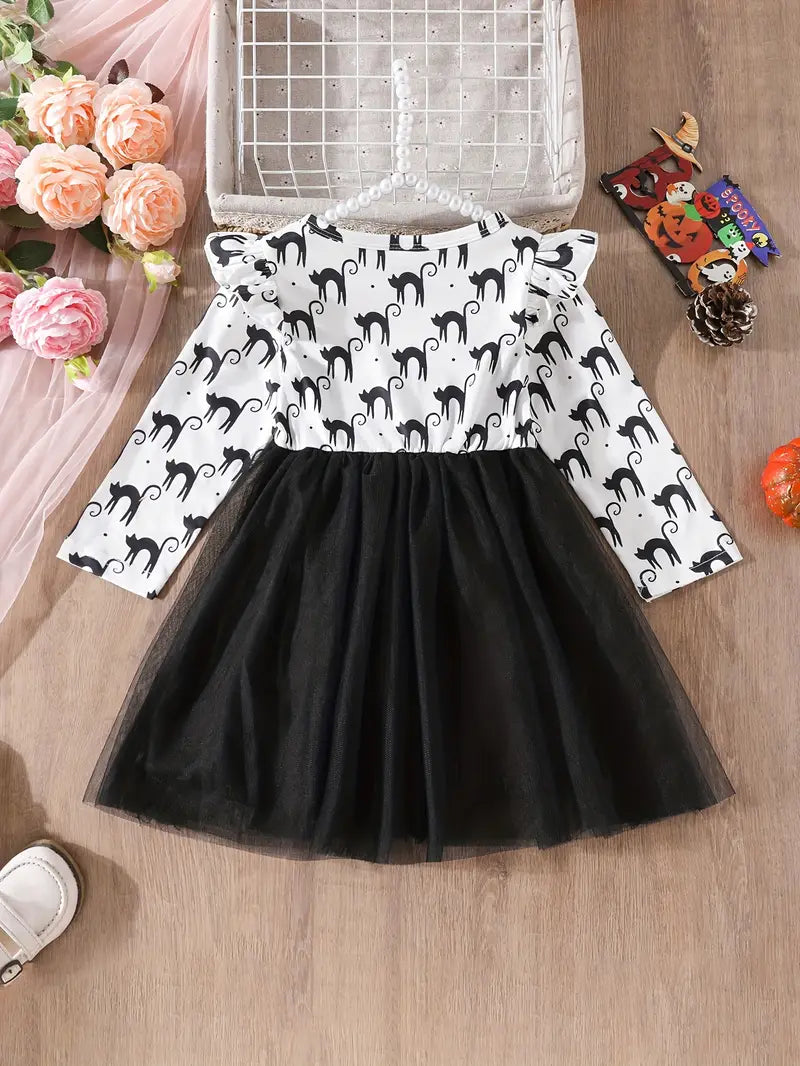Robe à imprimé chat pour tout-petit | Jolie tenue à manches longues avec jupe en tulle – Mélange de polyester doux