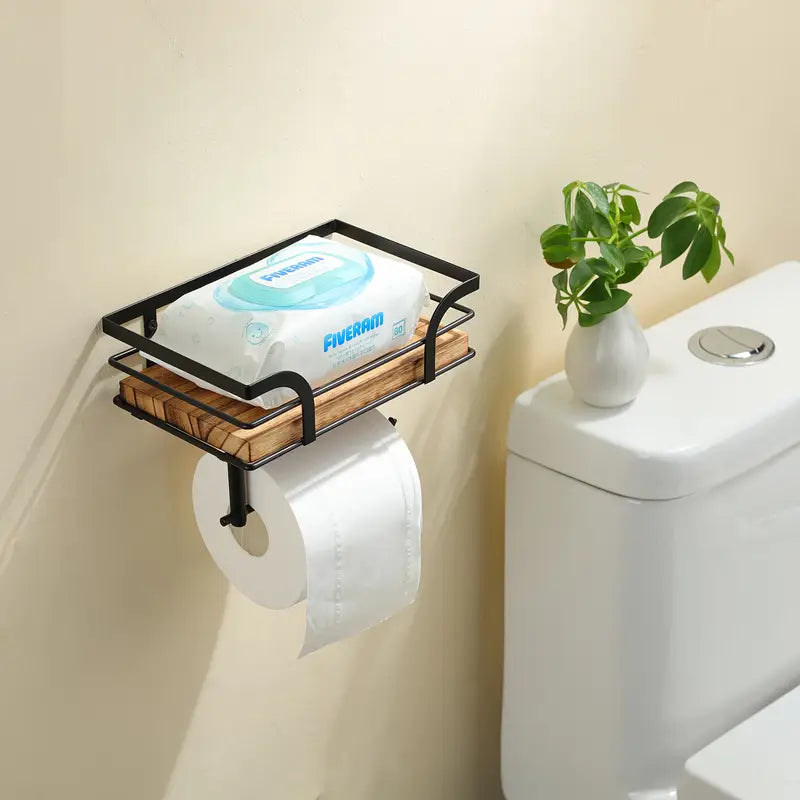 Wall Mount Toilet Paper Holder - Wood, Spare Roll Storage
