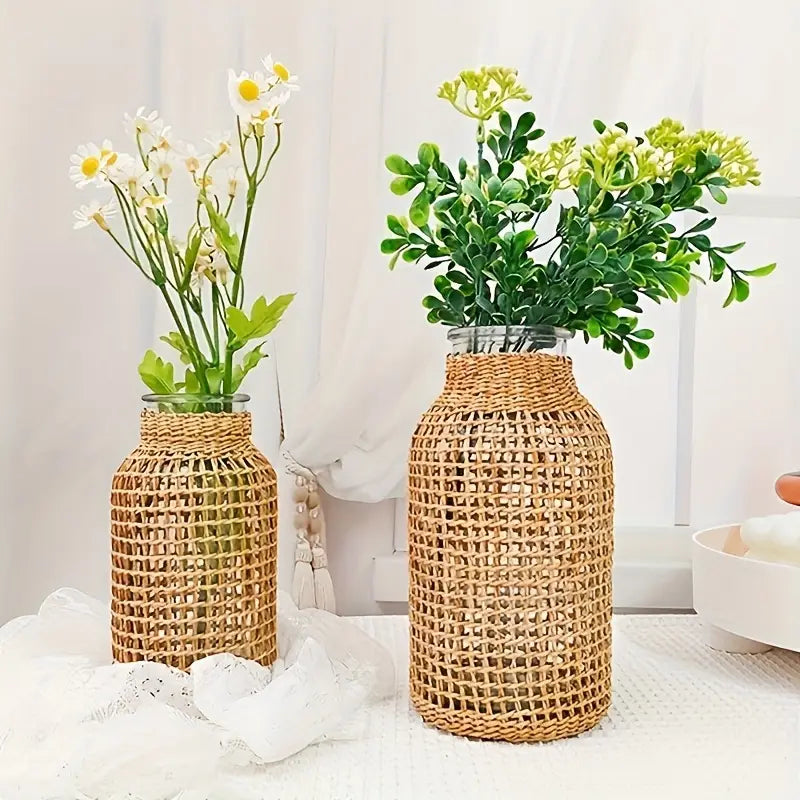 1 stuk Boho glazen bloemenvaas met rotan deksel