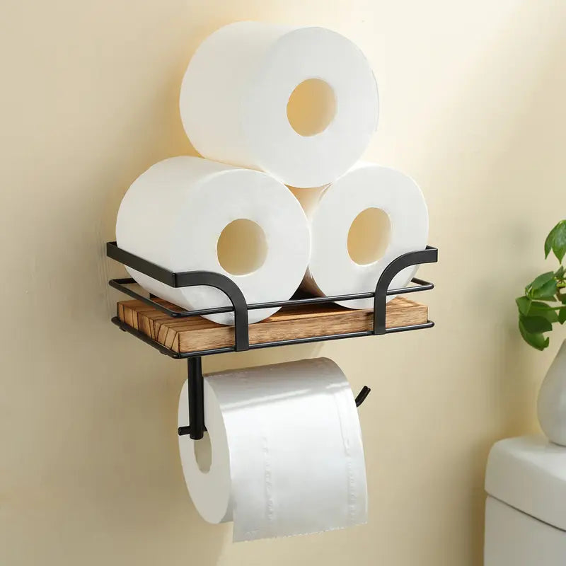 Wall Mount Toilet Paper Holder - Wood, Spare Roll Storage