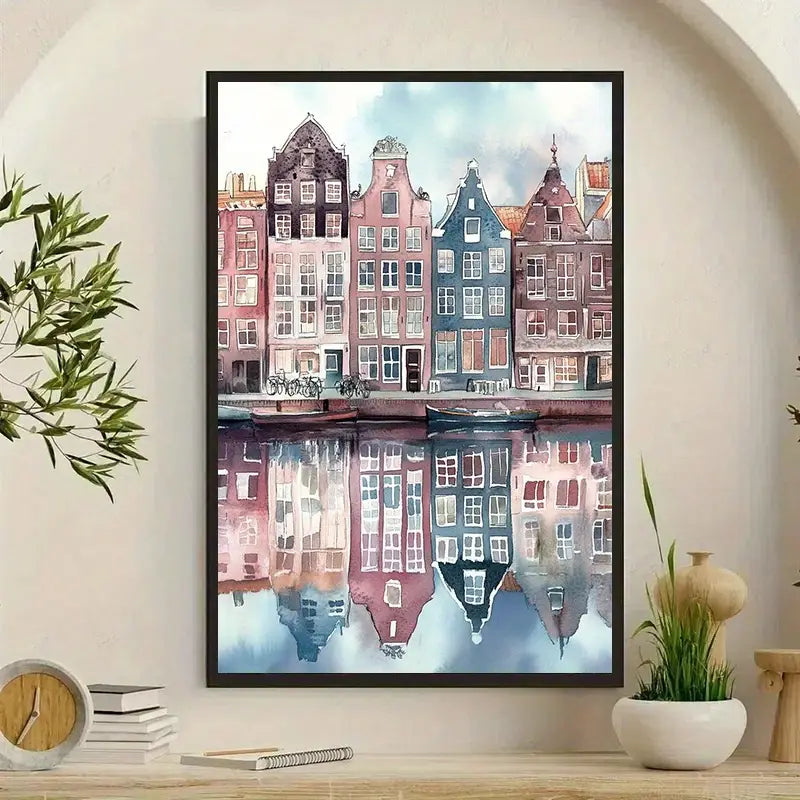 Canvas aquarel Amsterdams stadsgezicht – levendige Europese wandkunst voor thuis en op kantoor