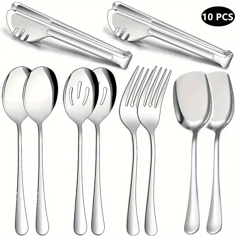 10-Piece Stainless Steel Serving Set - Includes 2 Serving Spoons, 2 Slotted Spoons, 2 Serving Forks, 2 Serving Spatulas, 2 Tongs