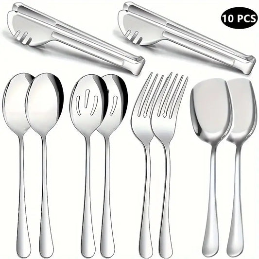 Ensemble de service en acier inoxydable 10 pièces - Comprend 2 cuillères de service, 2 cuillères à fentes, 2 fourchettes de service, 2 spatules de service et 2 pinces