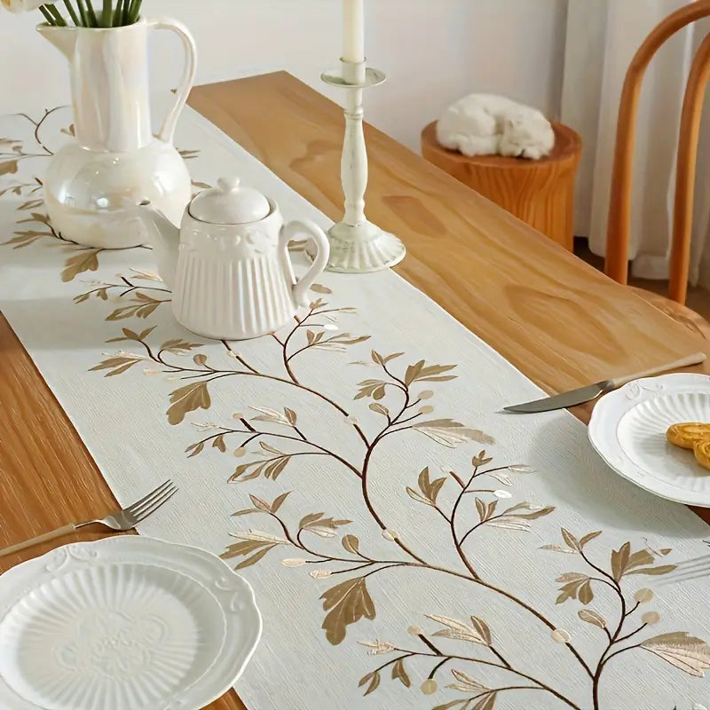 Embroidered Floral Table Runner – Woven Polyester Dining Decor with Tassels