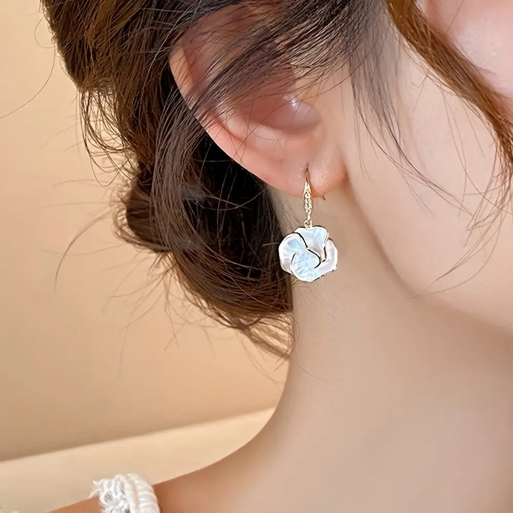 French Retro Style Camellia Flower Design Dangle Earrings