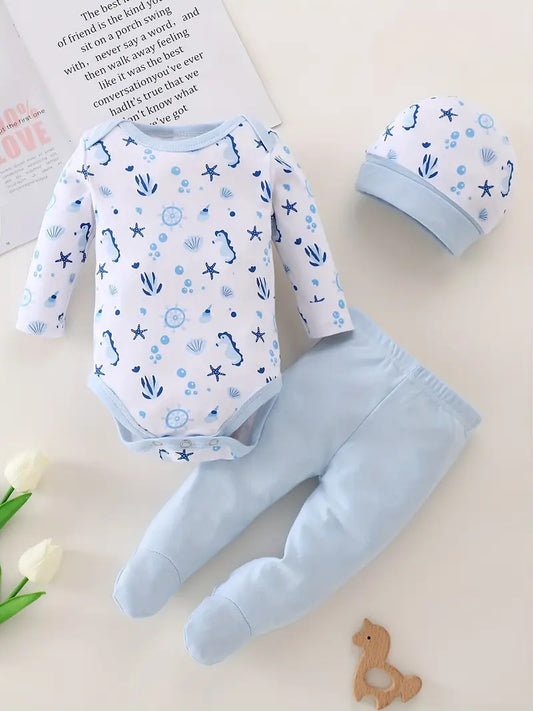 2-Piece Newborn Baby Seahorse Bodysuit Set - Full Print Cotton with Hat & Footed Pants