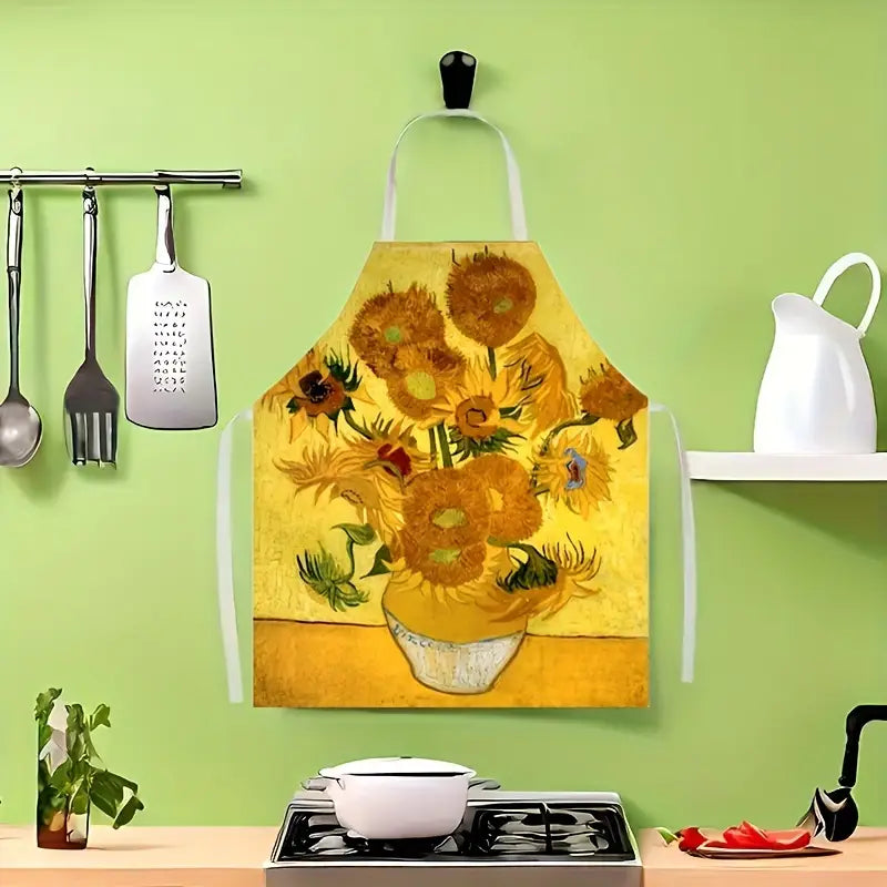 1pc Sunflower Pattern Linen Apron, 100% Linen Woven Fabric