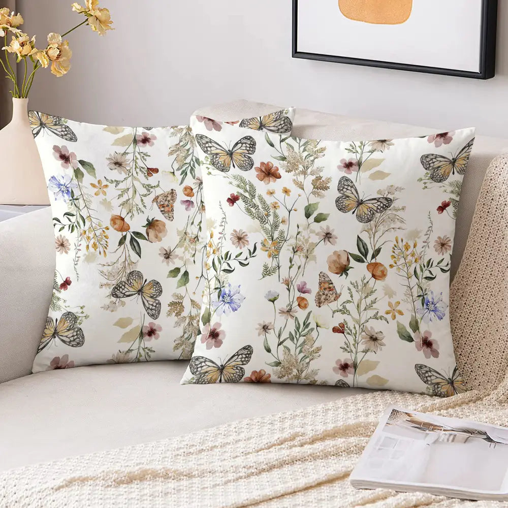 Set of 2 Contemporary Floral and Butterfly Throw Pillow Covers, 45.72x45.72 cm