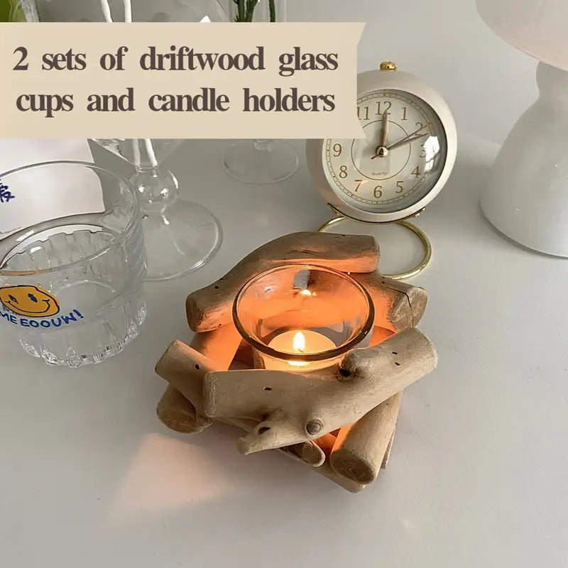 Floating Candle Holders - Wood & Glass - Holiday Decor Set