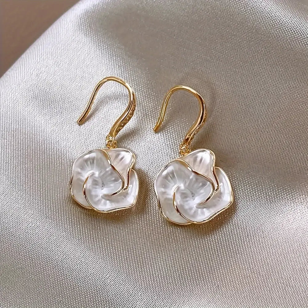 French Retro Style Camellia Flower Design Dangle Earrings