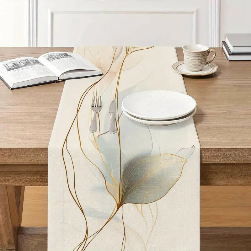 Abstract Floral Table Runner - Pastel Leaf Design, Easy Clean