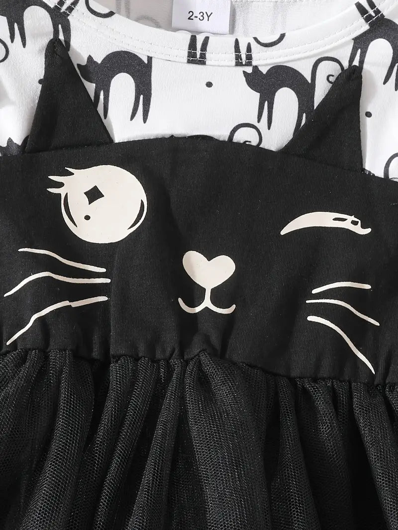 Robe à imprimé chat pour tout-petit | Jolie tenue à manches longues avec jupe en tulle – Mélange de polyester doux