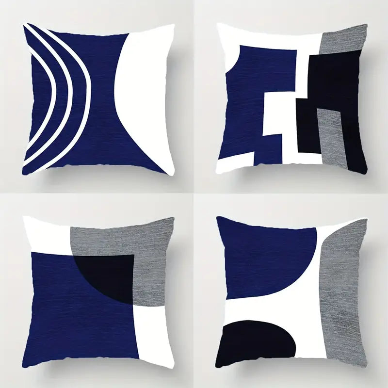 Lot de 4 housses de coussin bleues à motifs géométriques bleu marine, noir et blanc pour canapé et lit