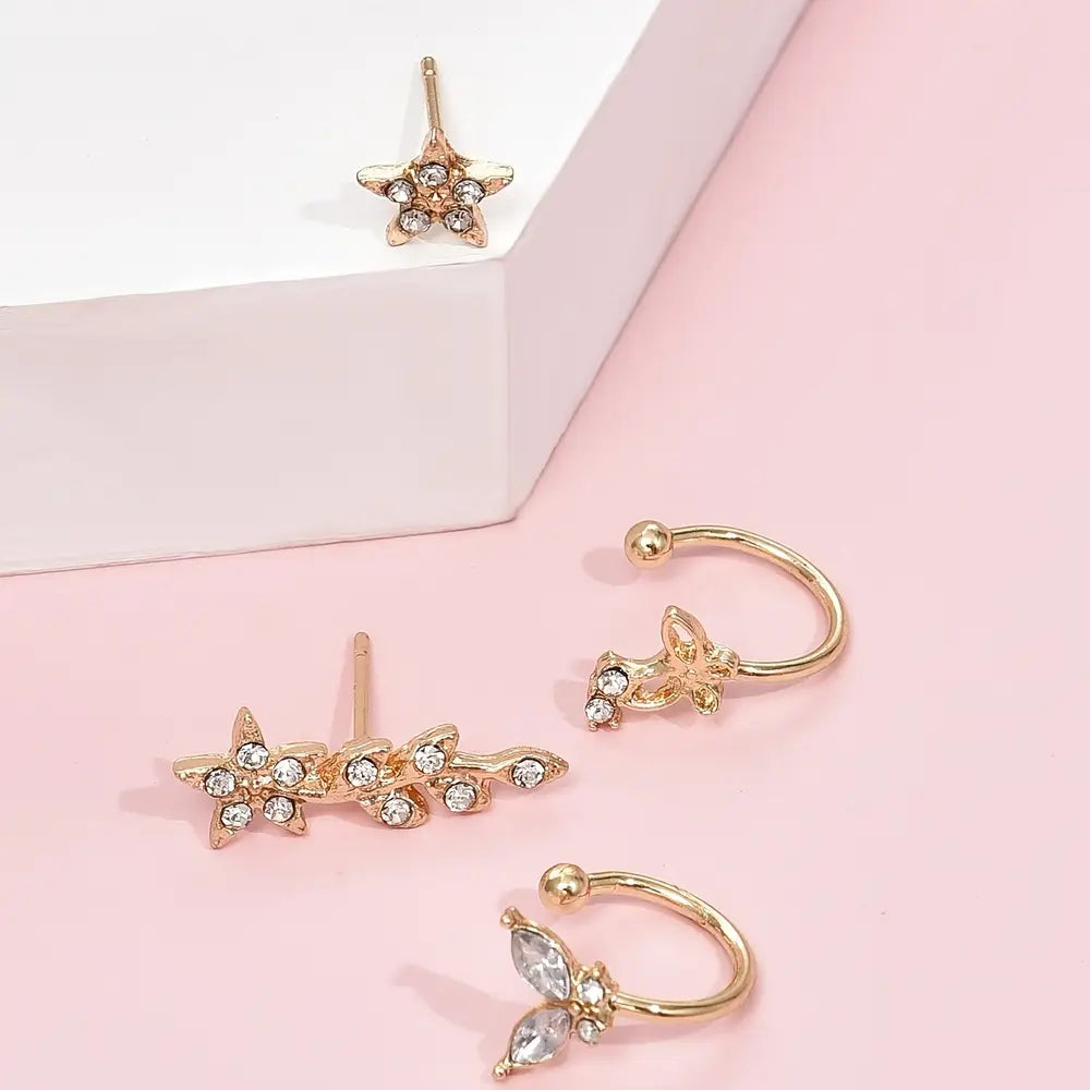 Lot de 4 boucles d'oreilles creuses créatives en cristal, motif papillon, étoile et feuille