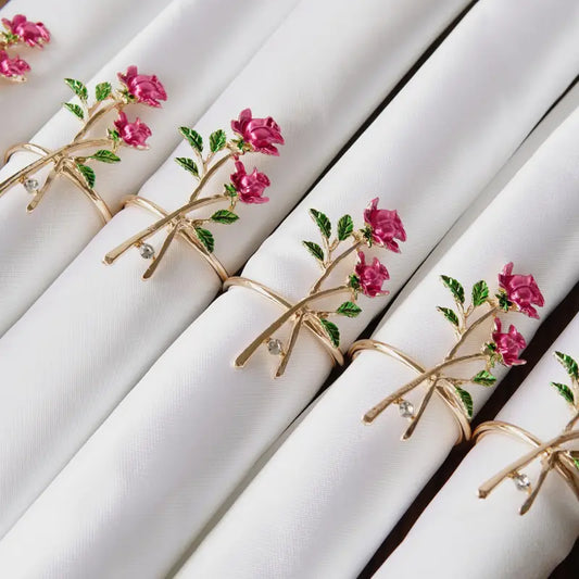 6pcs Golden Metal Rose Napkin Rings, Elegant Floral Design