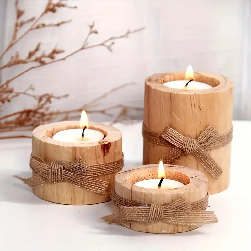 Rustic Pine Candle Holder Set - Burlap Bow Home Decor