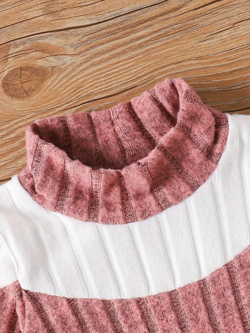 Robe à col roulé et blocs de couleurs pour fille | Tenue décontractée confortable et extensible à manches longues