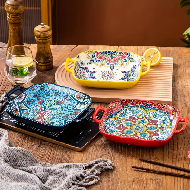 2PCS Boho Ceramic Baking Dishes – Oven Safe Pasta & Dessert Platters