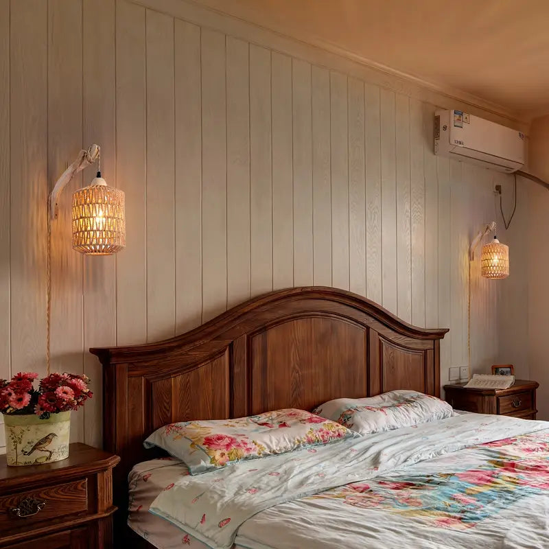 Hand Woven Rattan Wall Sconce - Plug In - Boho Farmhouse Lighting