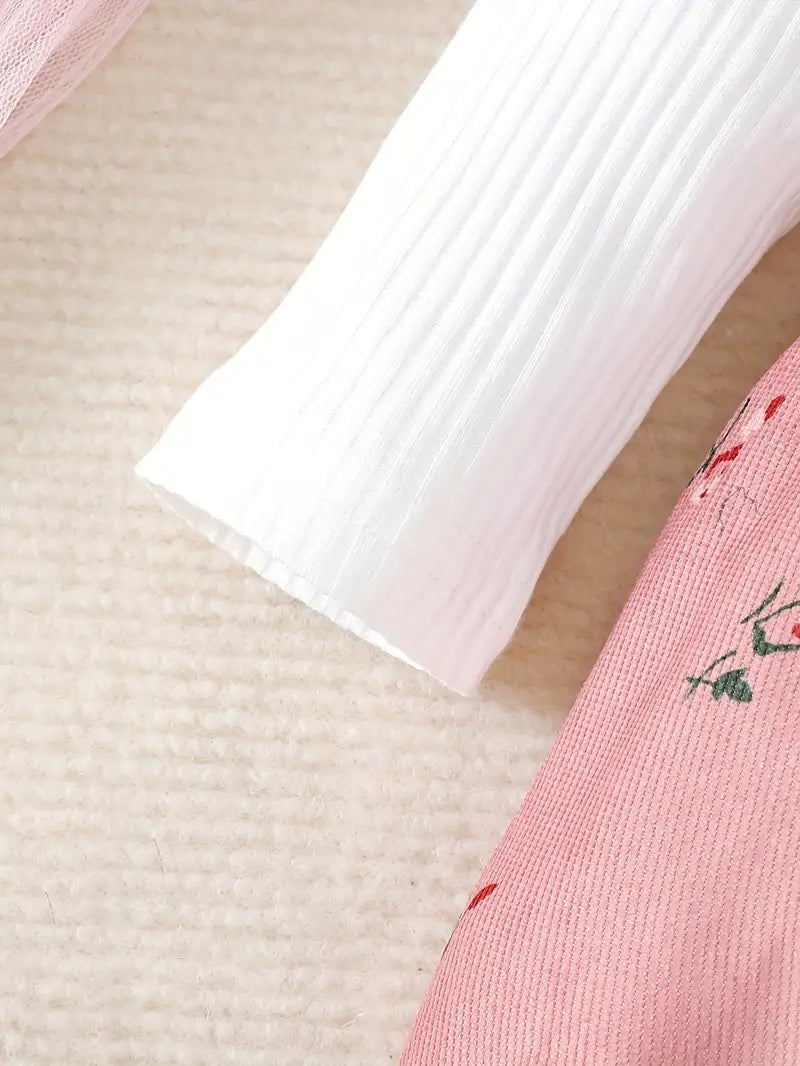 Robe en velours côtelé pour bébé fille | Ensemble deux pièces à manches longues et imprimé floral et nœud
