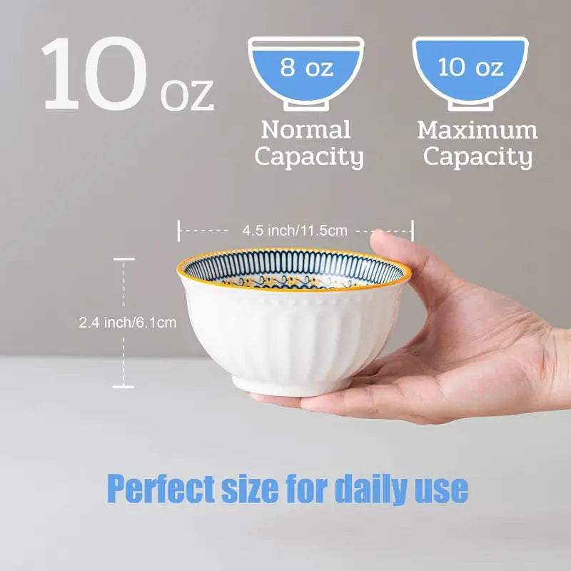 6-Piece Ceramic Bowl Set - 4/5 Inch, 10oz - Ramen, Salad, Rice Bowls