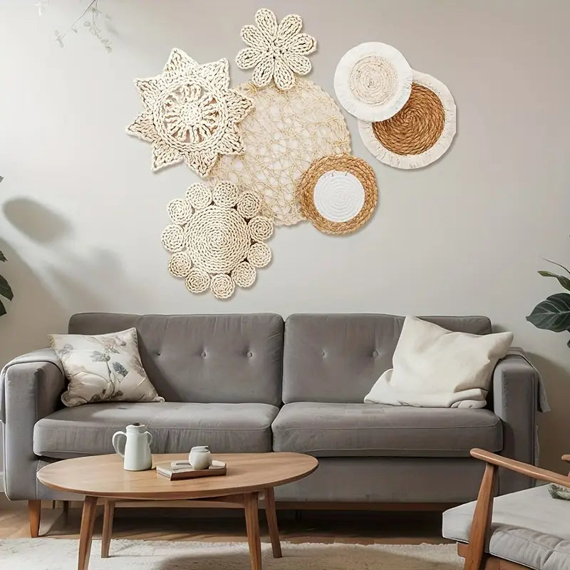 Bohemian Style Wall Basket Decor Set of 7 - Handwoven Rattan Wicker Wall Art