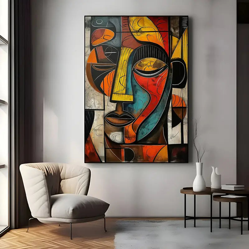 Retro Ink Abstract Canvas Painting – African Face Wall Art for Bedroom & Living Room