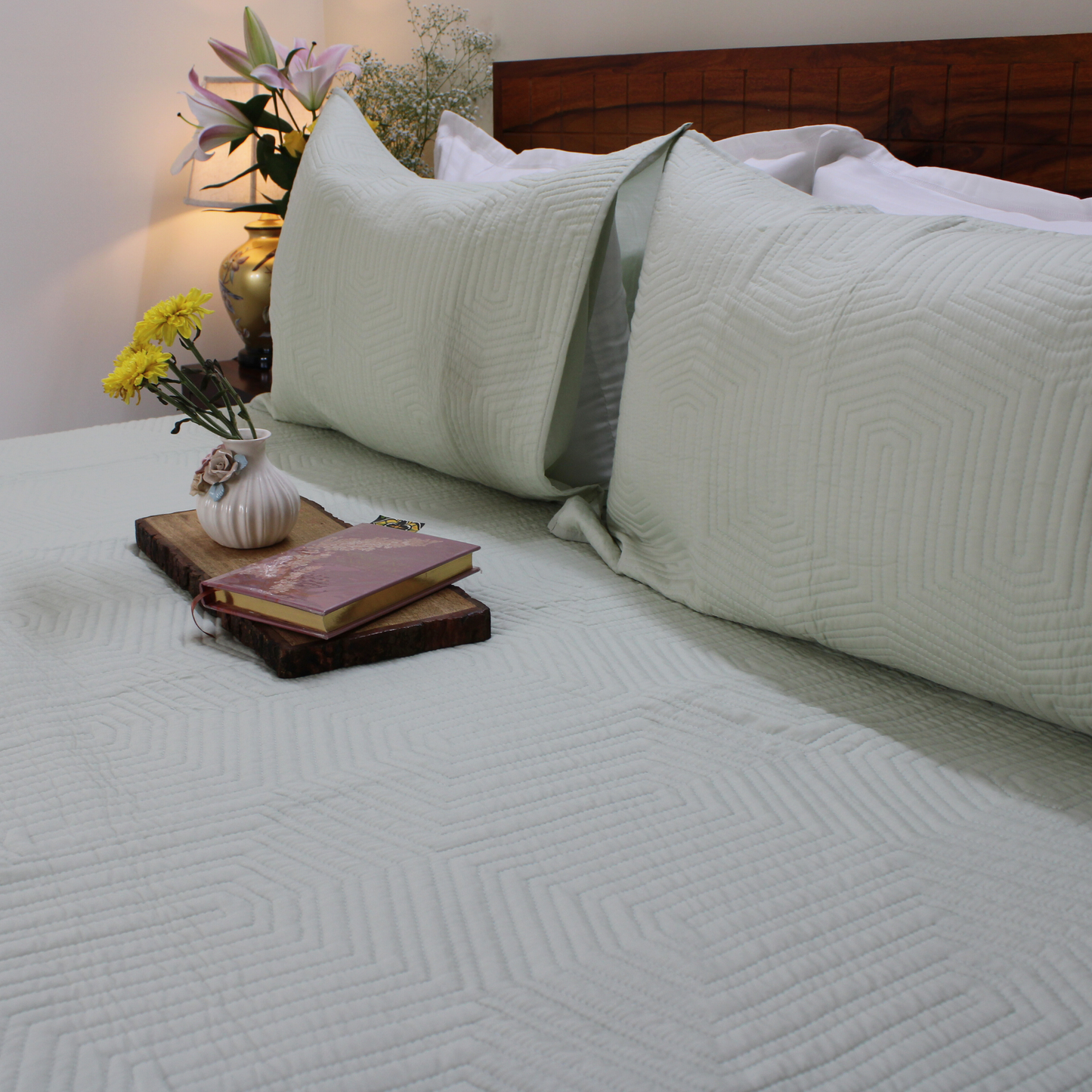 Bedsheet | Cotton Quilted Geometric Pattern Mint Mist | 3 Pc Set