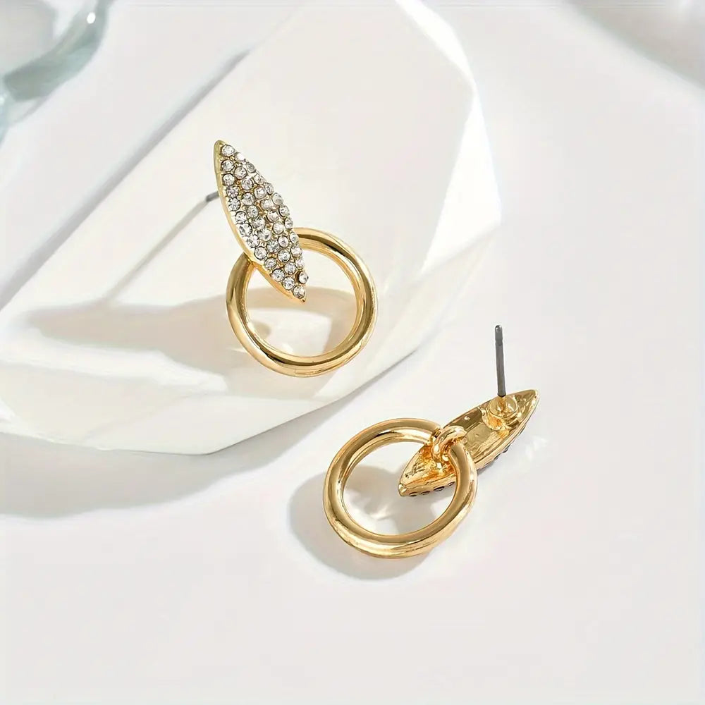 Hollow Circle Leaf Design Shiny Rhinestone Inlaid Dangle Earrings