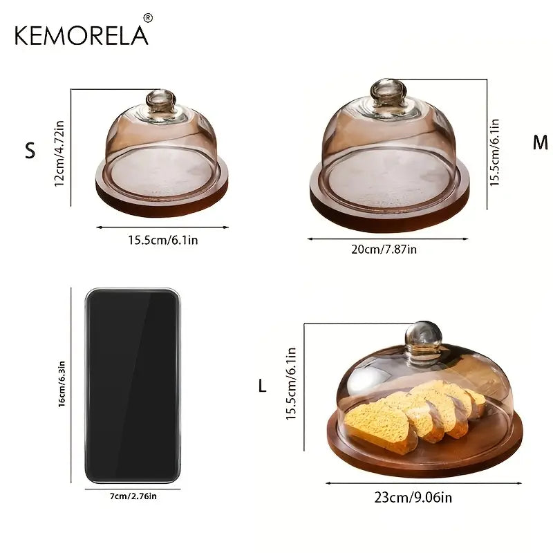 Wooden Round Dessert Plate with Glass Dome Cover - Natural Wood Serving Tray for Cakes