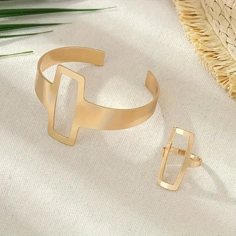 14K Gold Plated Open Cuff Bracelet & Ring Set – Simple Elegant Jewelry for Women